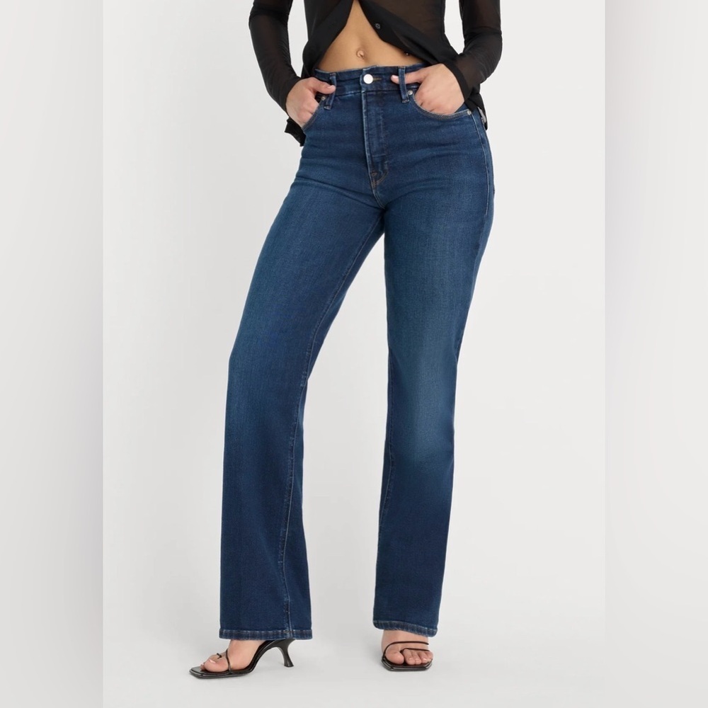 GOOD AMERICAN | STRAIGHT LEG JEANS TRUE RELAXED SOFT DARK BLUE WASH SIZE 14/32